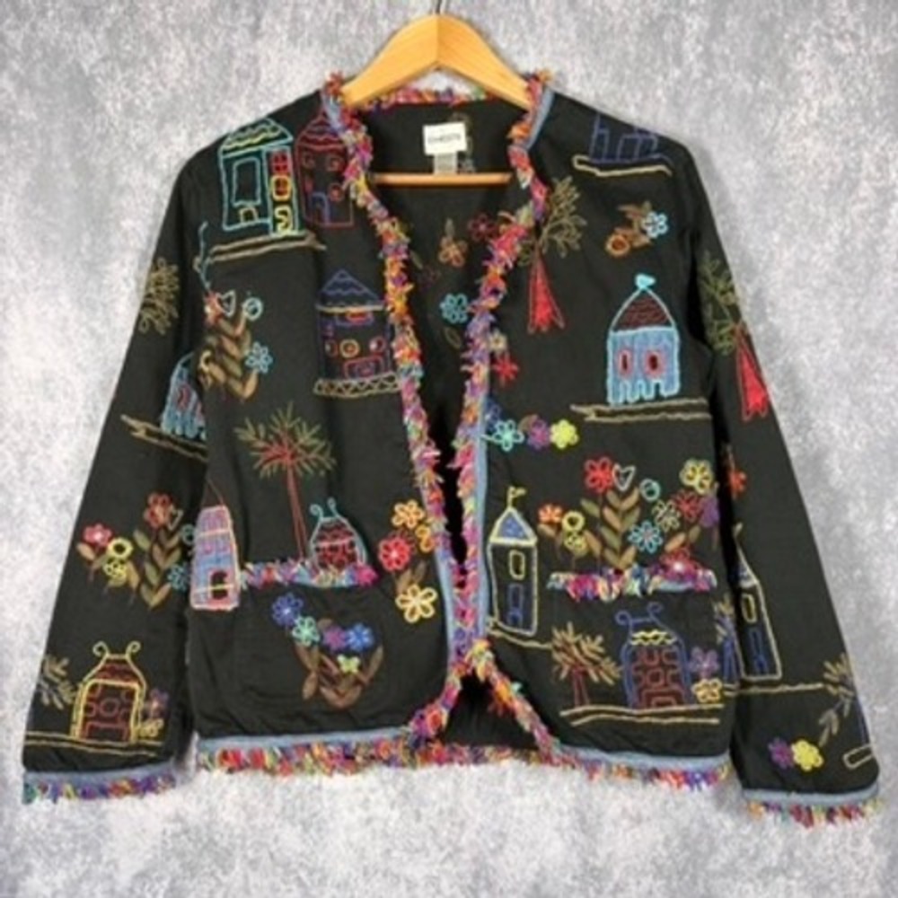 Chico's Embroidered Folk Art Jacket Women Size 1 Black Multi Fair Fringe Boho